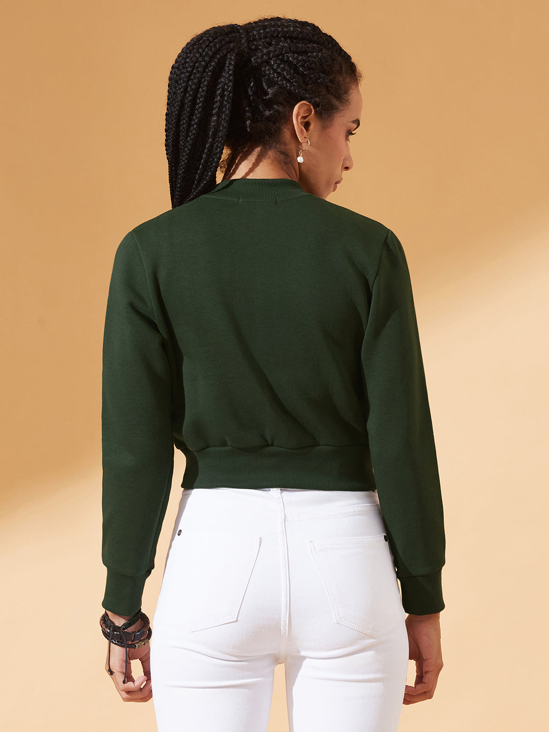 Green Stand Collar Full Sleeves Cotton Boxy/Bomber Cropped Jacket for Women