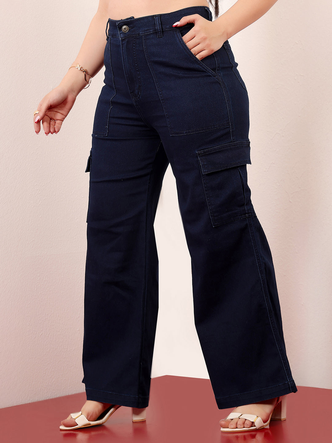 Women's Navy Blue Wide-Leg High-Rise Clean-Look Stretchable Denim Cargo Jeans