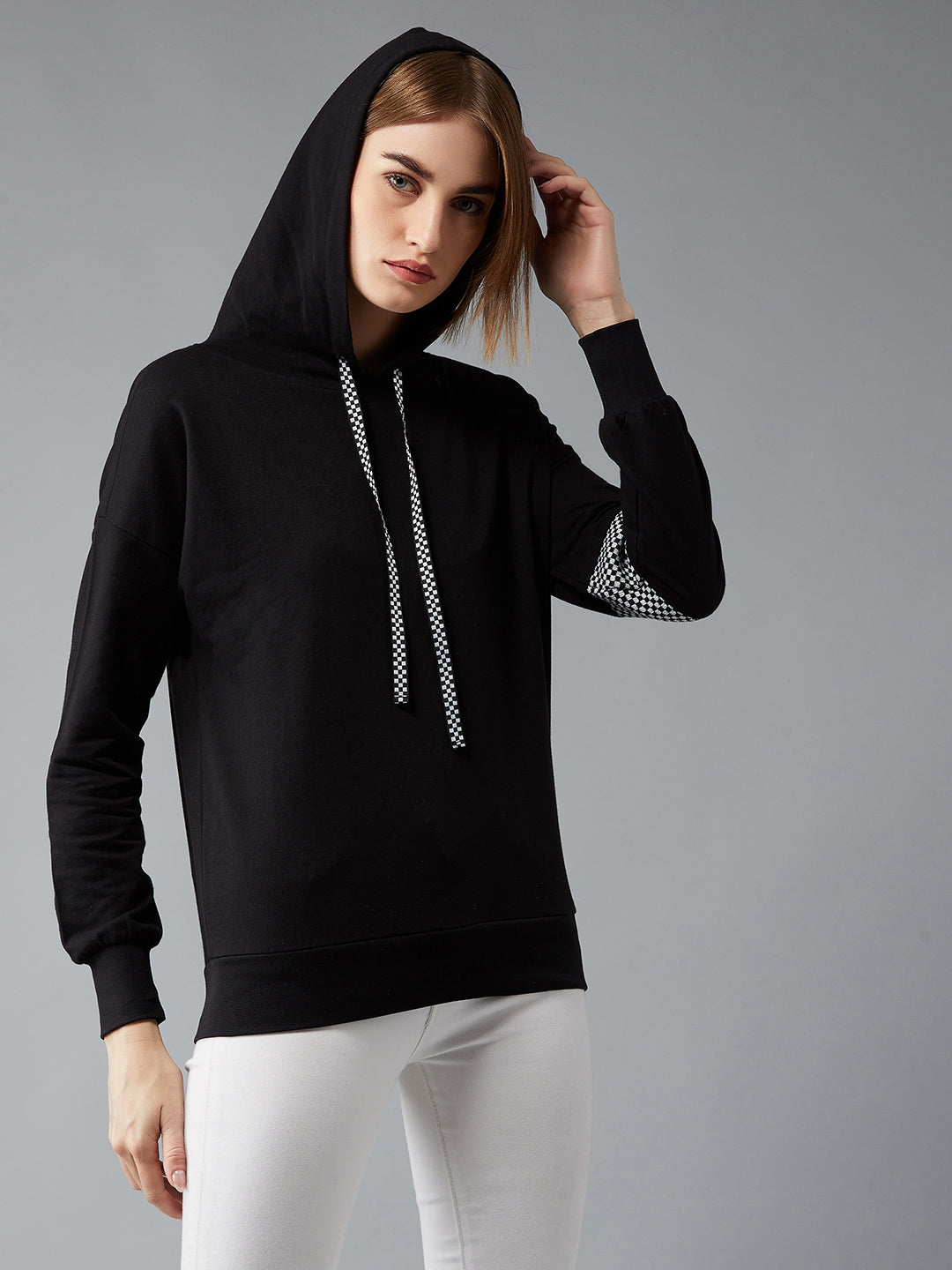 Women's Black Round Neck Full Sleeves Ribbed Solid Drop Shoulder Boxy Regular Length Hooded Sweatshirt