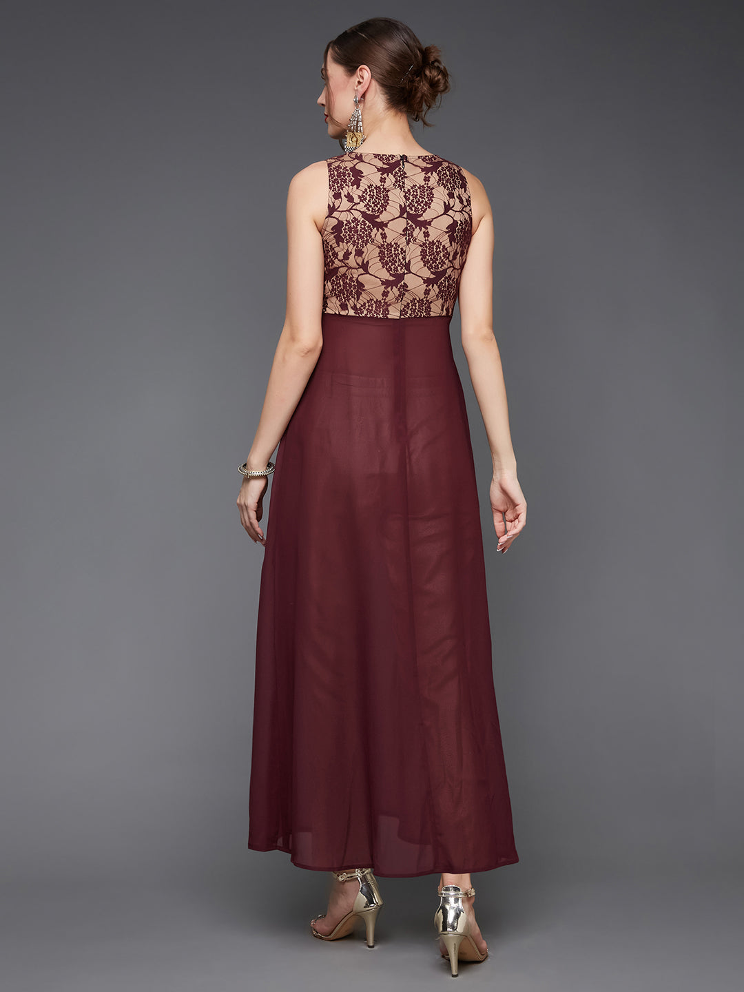 Women's Wine Boat Neck Sleeveless Self Design Lace Overlaid Polyester Maxi Top