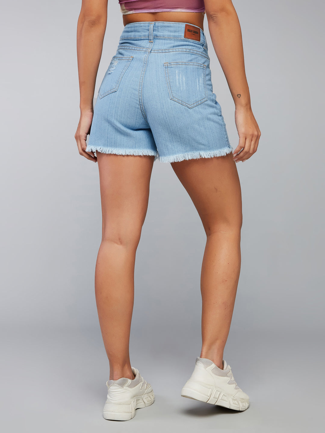 Women's Blue Relaxed Fit Mid Rise Highly Distressed Regular Length Denim Shorts