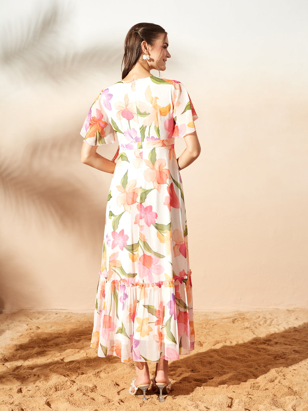 White Floral Printed Flutter Sleeves Maxi Dress for Women — Miss Chase