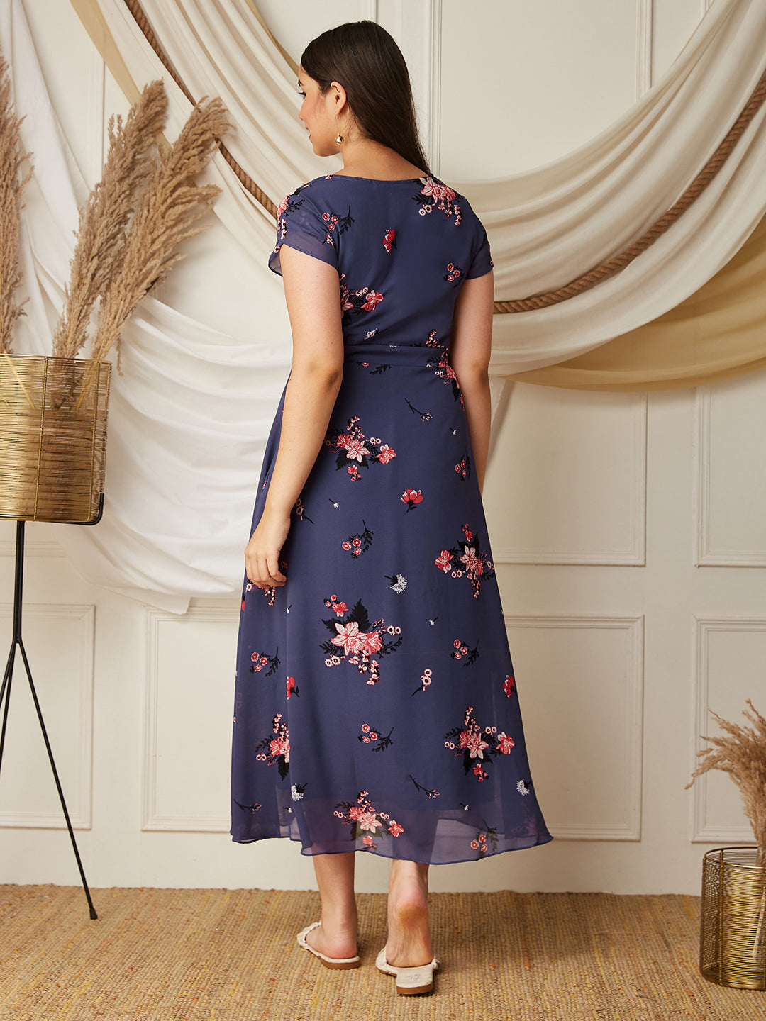 Multicolored Base Lavender V-Neck Short Sleeved Floral Pleated Midi Dress