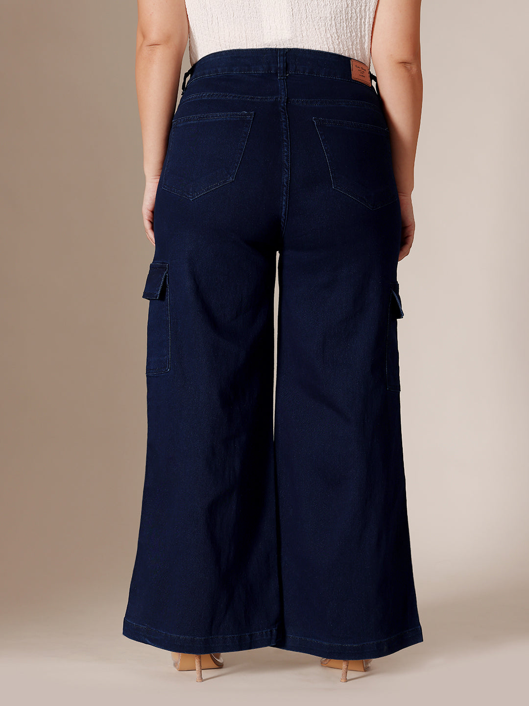 CHASEstretch™ Navy Blue Wide-Leg High-Rise Clean-Look Regular-Length Stretchable Denim Cargo Jeans for Women
