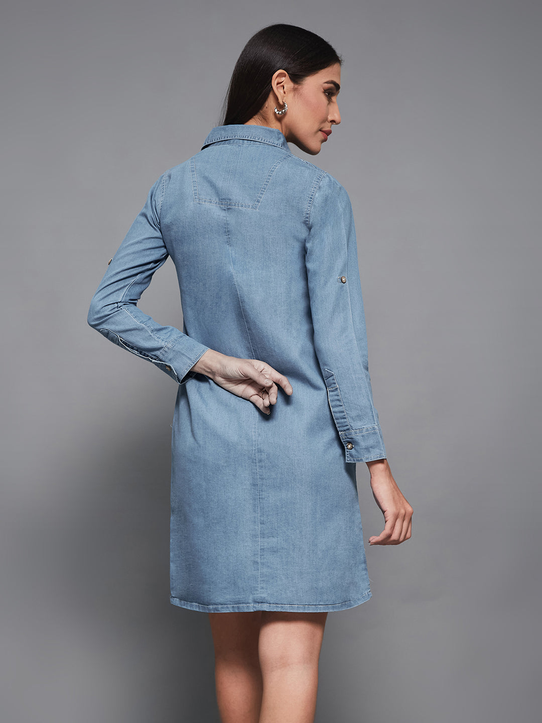 Women's Blue Polo Neck Rolled Up Full Sleeve Denim Solid Buttoned A-Line Mini Dress