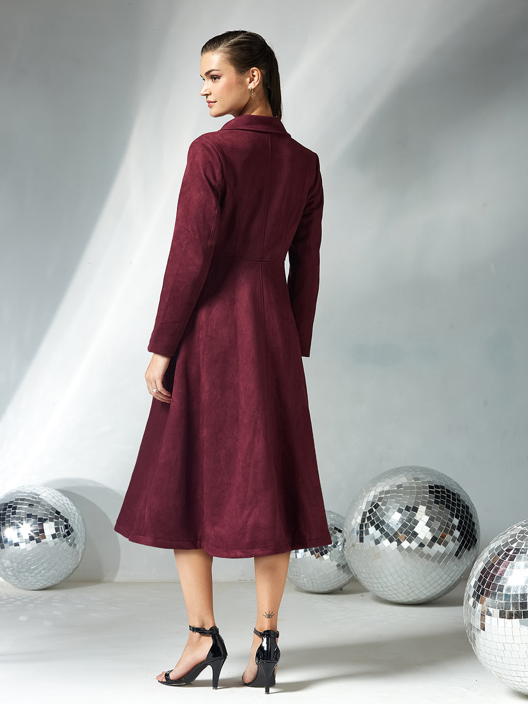 Women's Wine Solid V-Neck Full Sleeves Side Pocketed Polyester Double Breasted Longline Jacket