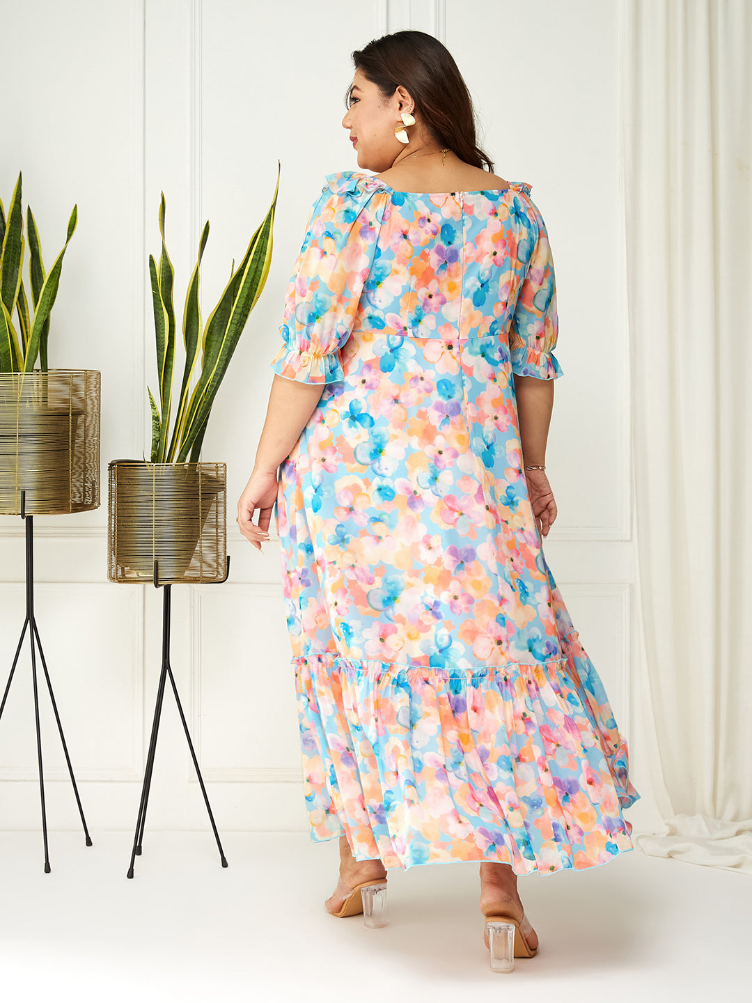 Women's Multicolored-Base-Sky Blue V-Neck Puff Sleeve Floral Ruching Ankle-Length Dress