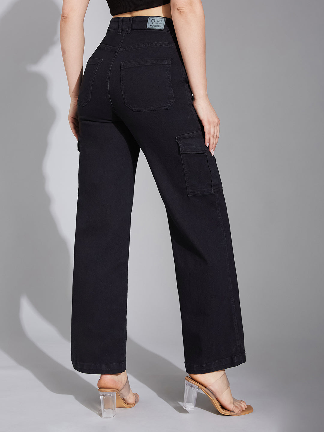 Women's Black Wide-Leg High-Rise Clean-Look Stretchable Denim Jeans