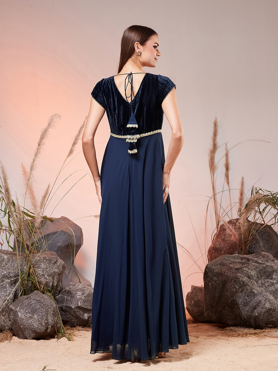 Women’s Navy-Blue Round Neck Short Sleeve Solid Fit & Flare Maxi Georgette Dress for Women