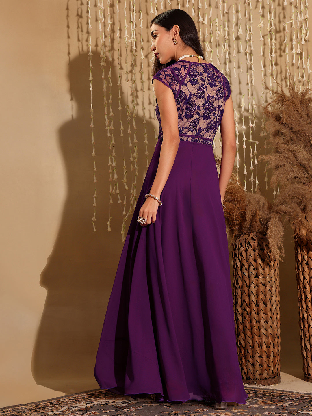 Women's Dark Purple Sweet-Heart Neck Cap-Sleeve Floral Fit & Flare Georgette Maxi Dress