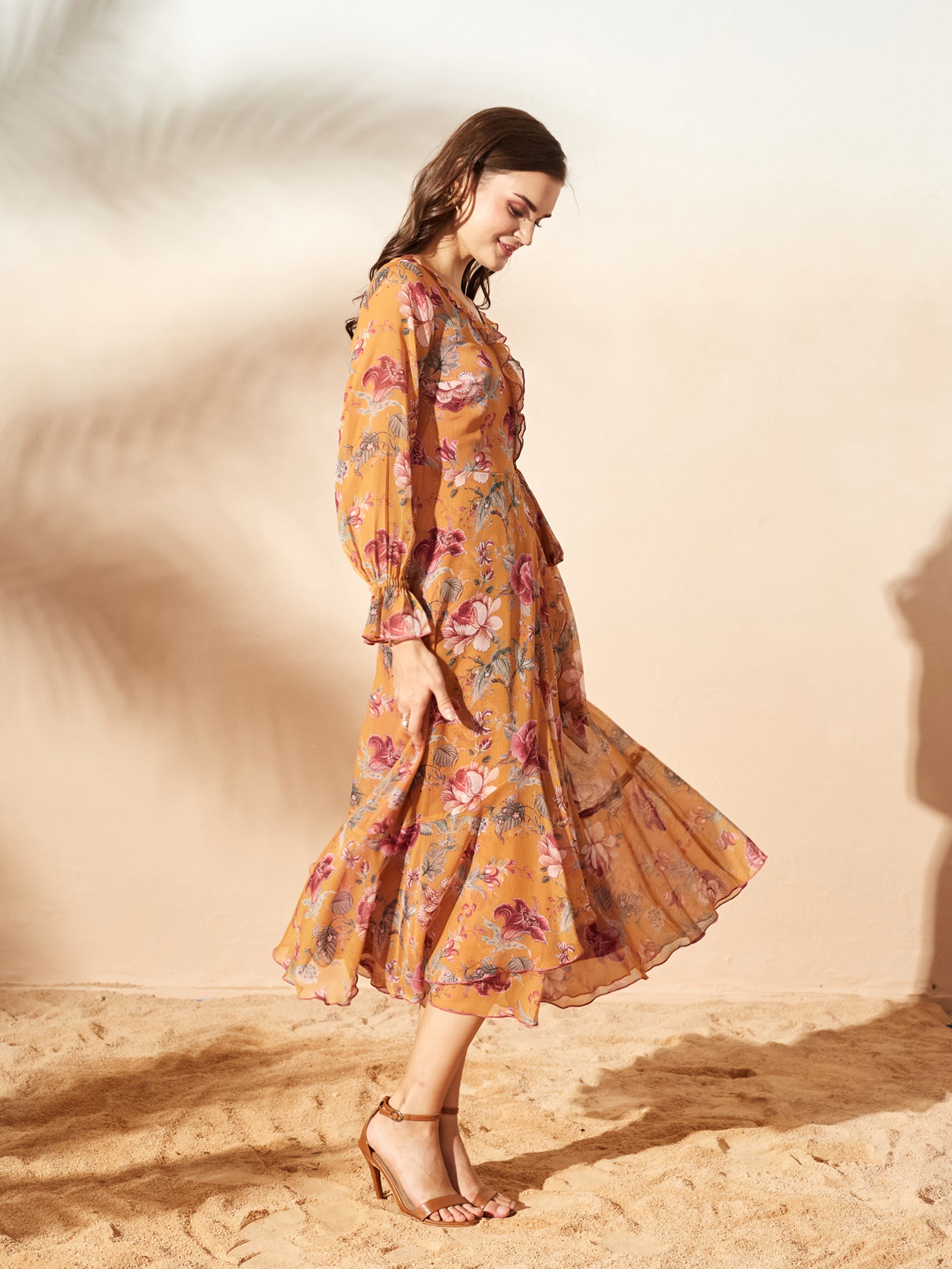 Women’s Multicolored Mustard Bohemian Ruffled Tie-Up Midi Chiffon Dress for Women