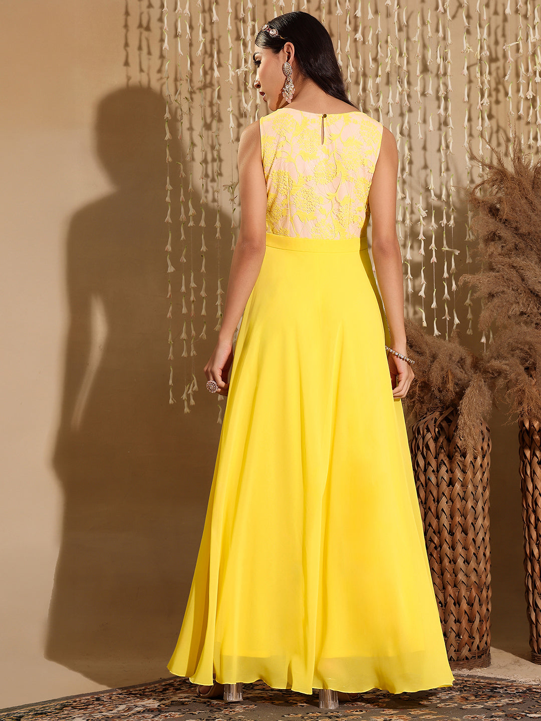 Women's Light Yellow Round Neck Sleeveless Georgette & Lace Floral Fit & Flare Maxi Dress