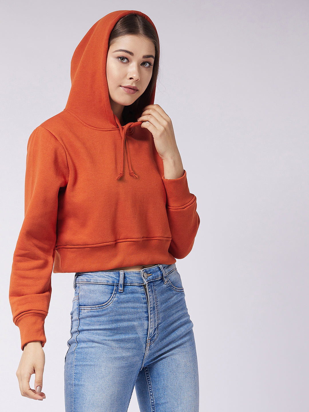 Women's Rust Round Neck Full Sleeve Solid Crop Sweatshirt