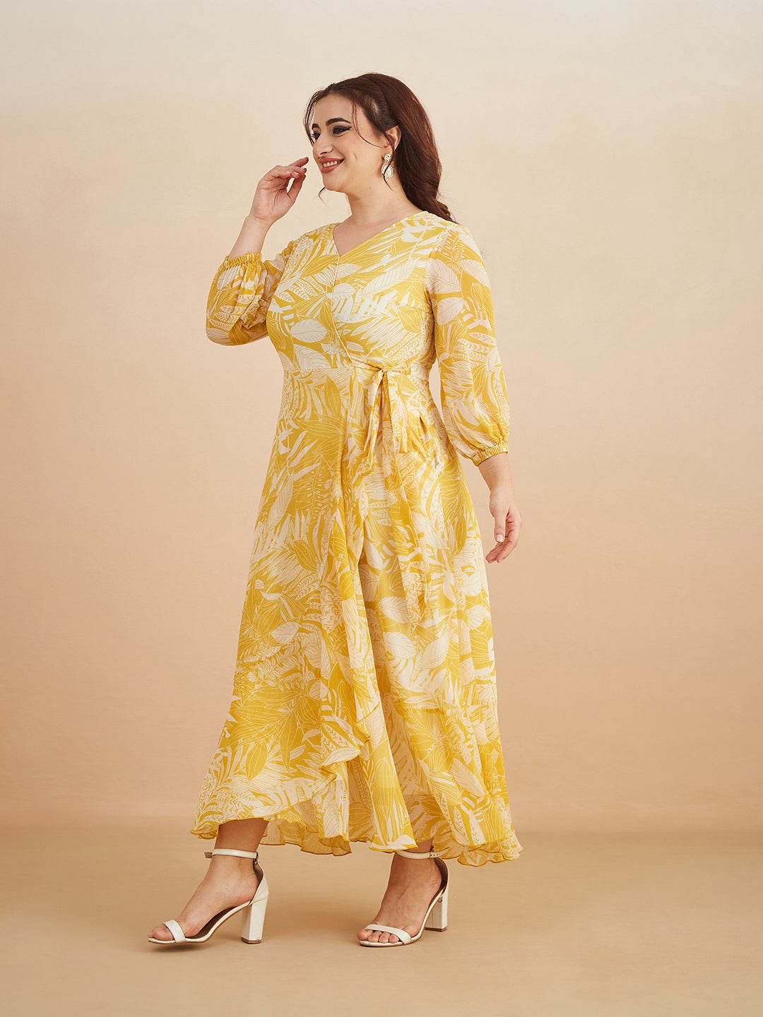 Yellow & White V neck Full sleeve Floral Layered Maxi Dress for Women