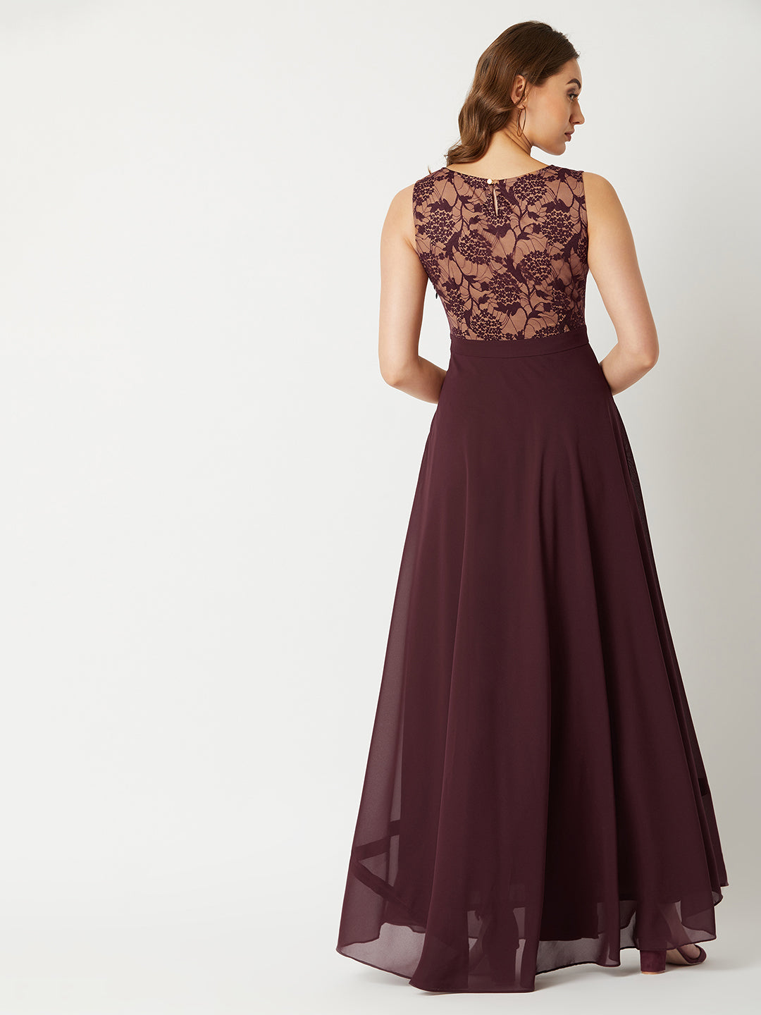 Women's Beige & Wine Round Neck Sleeveless Georgette Floral Lace Fit & Flare Maxi Dress
