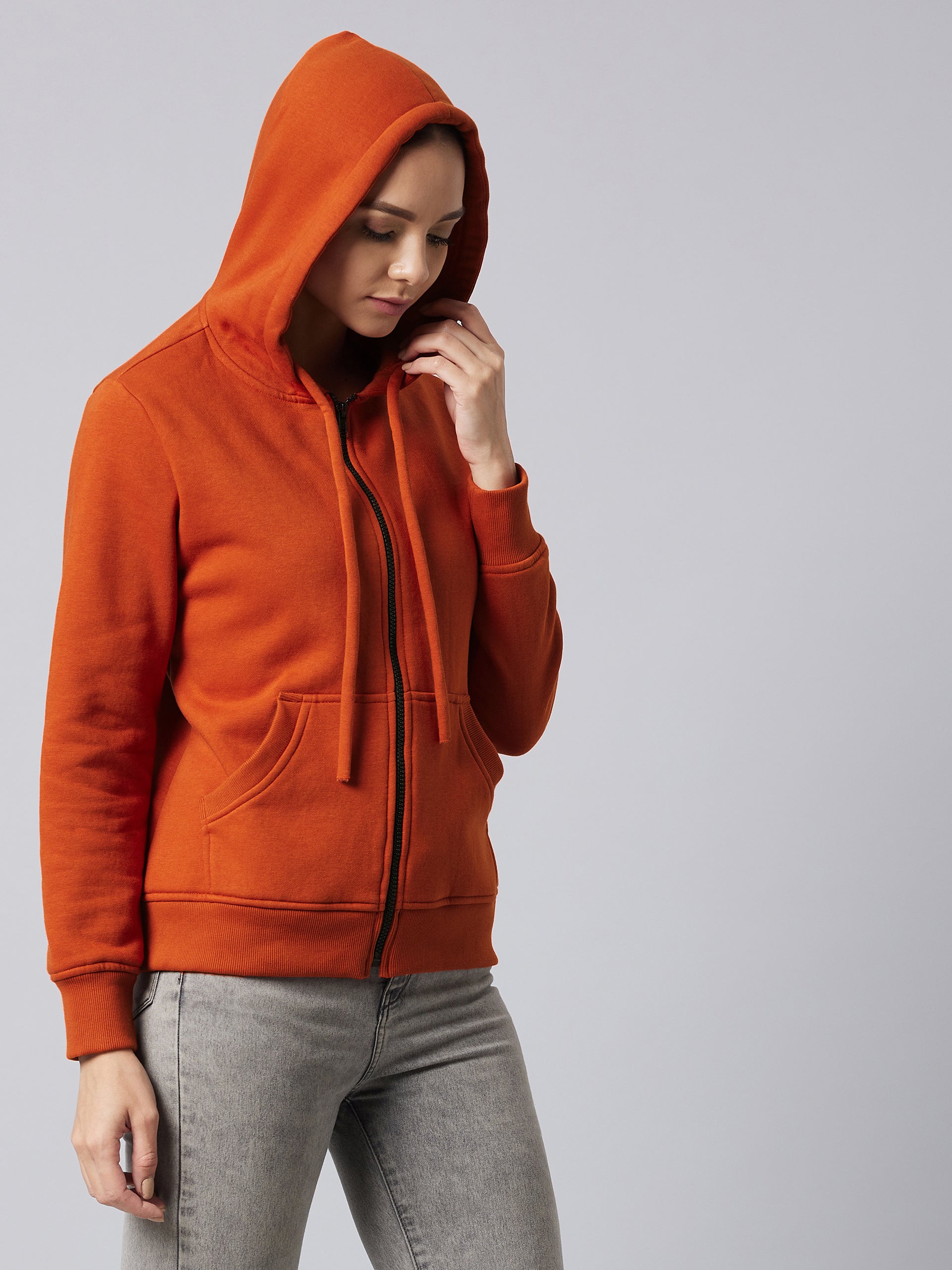 Women's Rust Round Neck Full Sleeve Solid Hooded Regular Sweatshirt