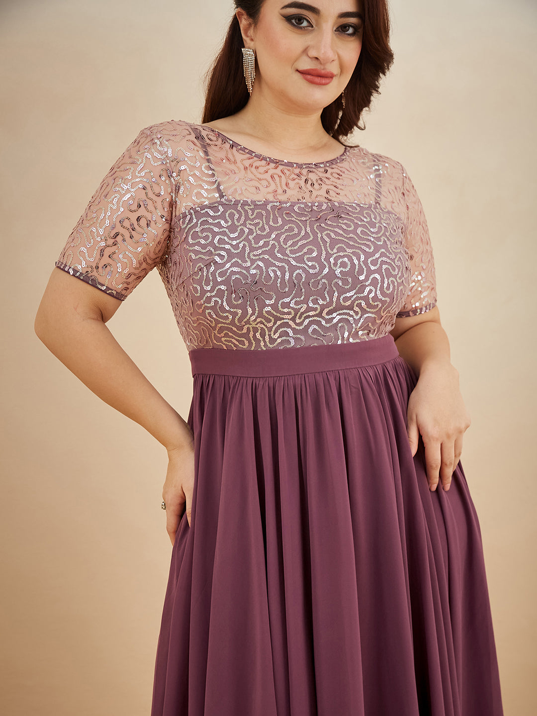 Mauve Relaxed Fit Maxi Georgette & Sequins Dress for Women