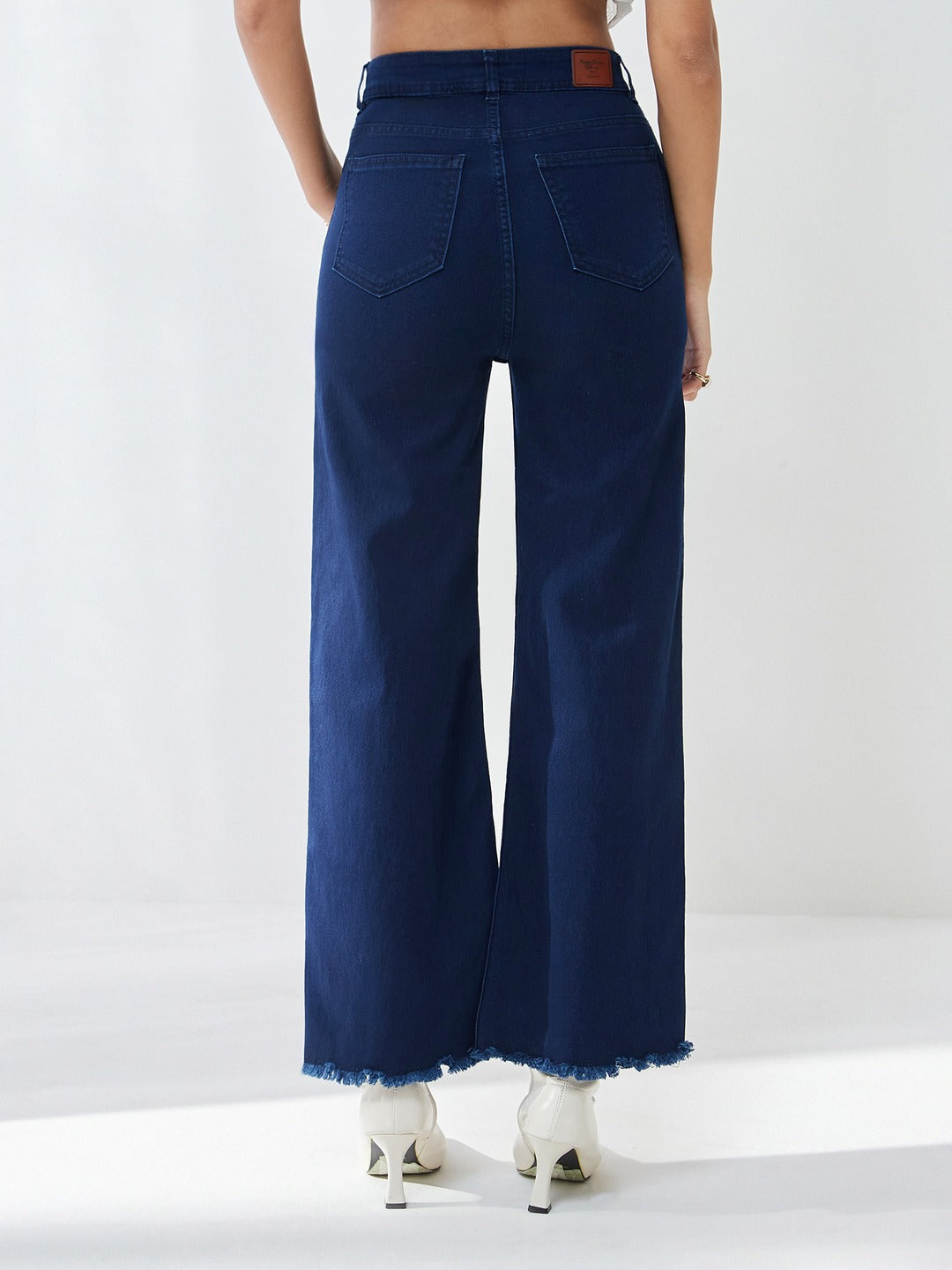 Navy Blue Wide-Leg High-Rise Stretchable Denim Jeans for Women