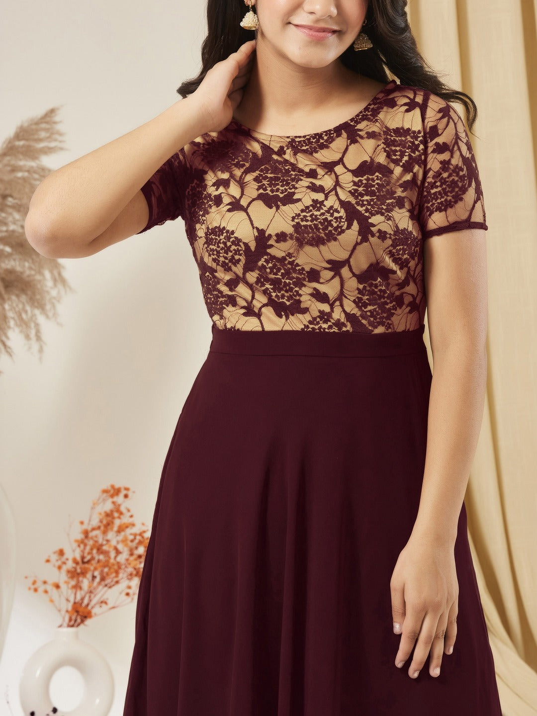 Wine & Beige Relaxed Fit Regular Georgette Dress for Girls/Teenagers
