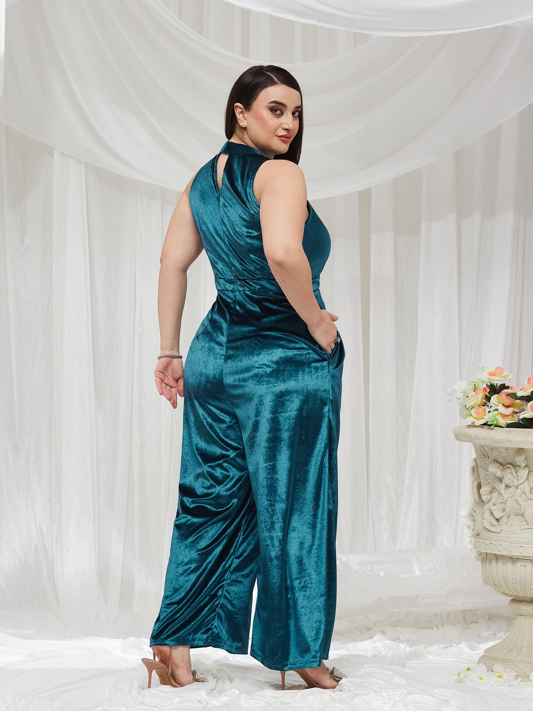 Teal Choker Neck Sleeveless Solid Pleated Regular Jumpsuit for Women — Miss Chase A+