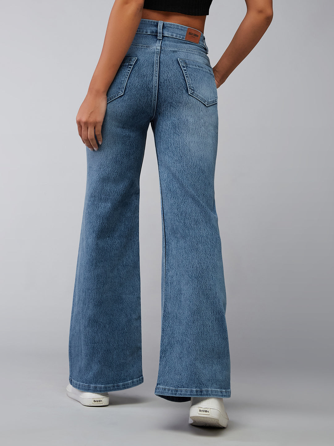 Women's Light Blue Wide-Leg High Rise Clean Look Regular Length Stretchable Denim Jeans