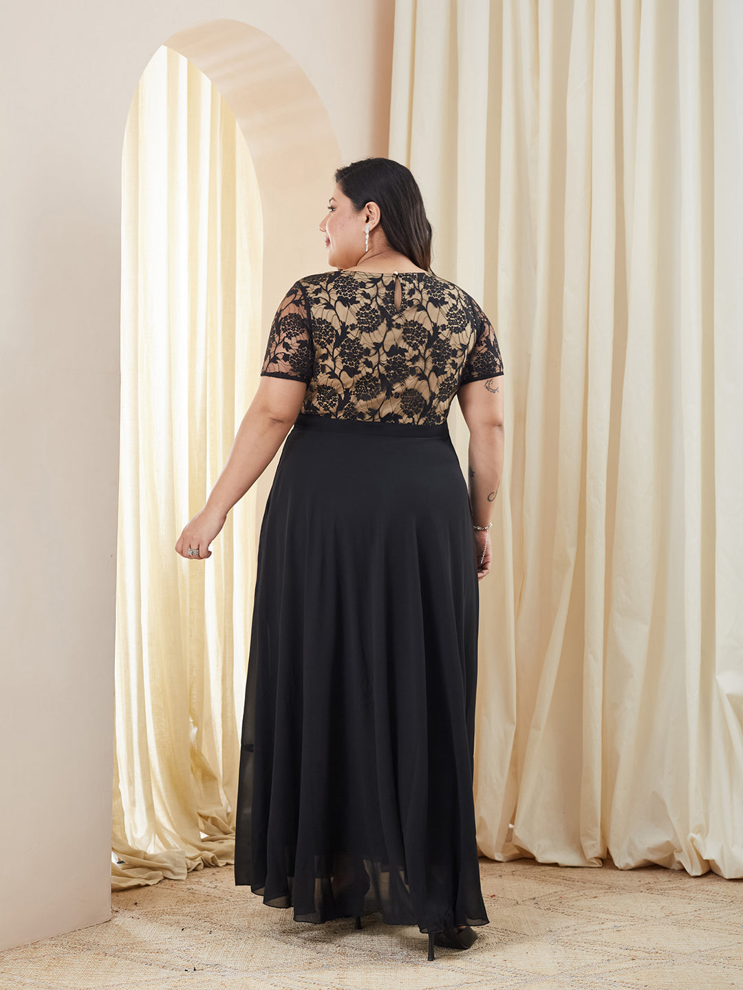 Black Round Neck Half Sleeve Self Design Fit & Flare Georgette Maxi Dress for Women — Miss Chase A+