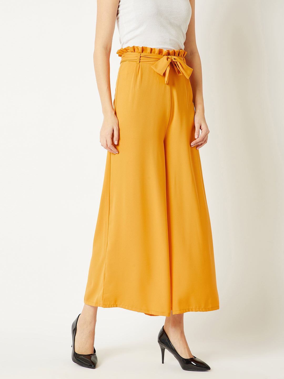 Women's Yellow Solid Regular Length Pleated Wide Leg Paper bag Flare Trouser