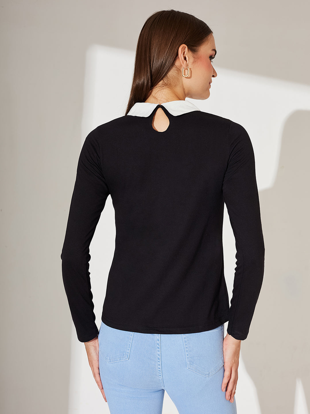 Black Collared Round Neck Full Sleeve Cotton Solid Buttoned Top for Women