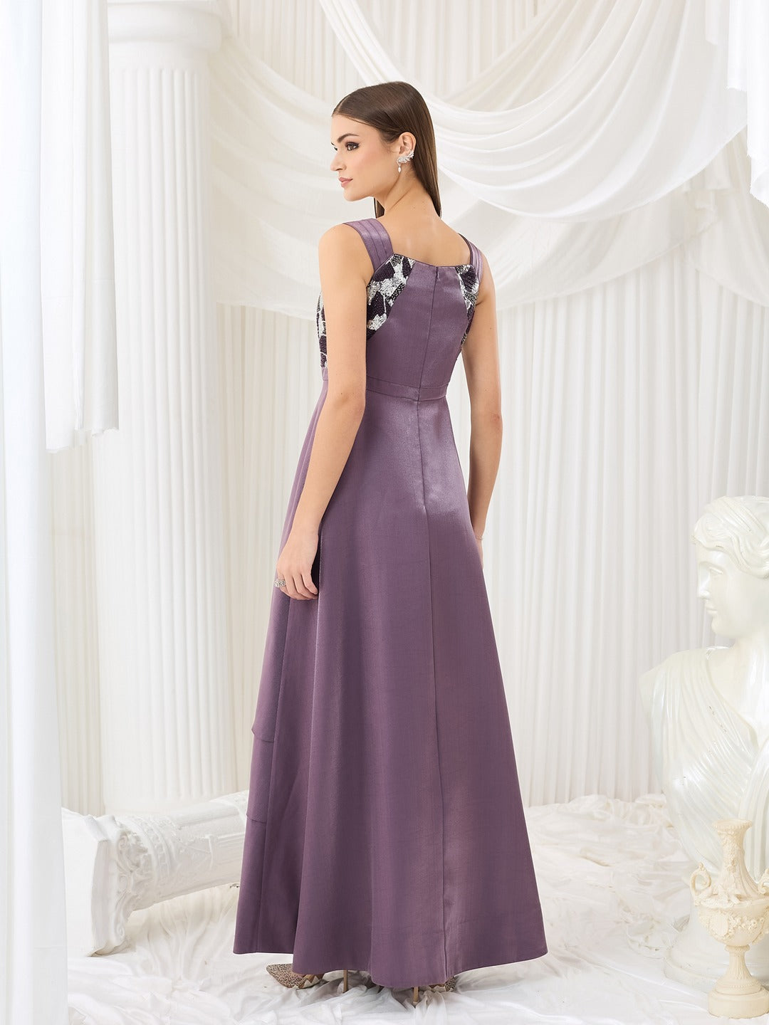 Dusty Purple Square Neck Gown in Layered Embellished Satin for Women