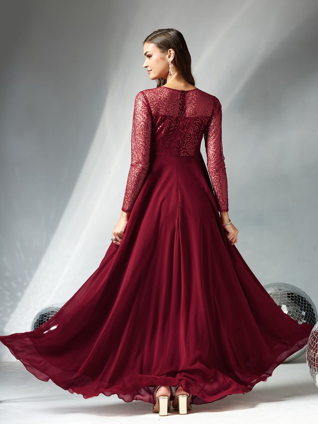 Maroon Solid Embellished Maxi Dress for Women
