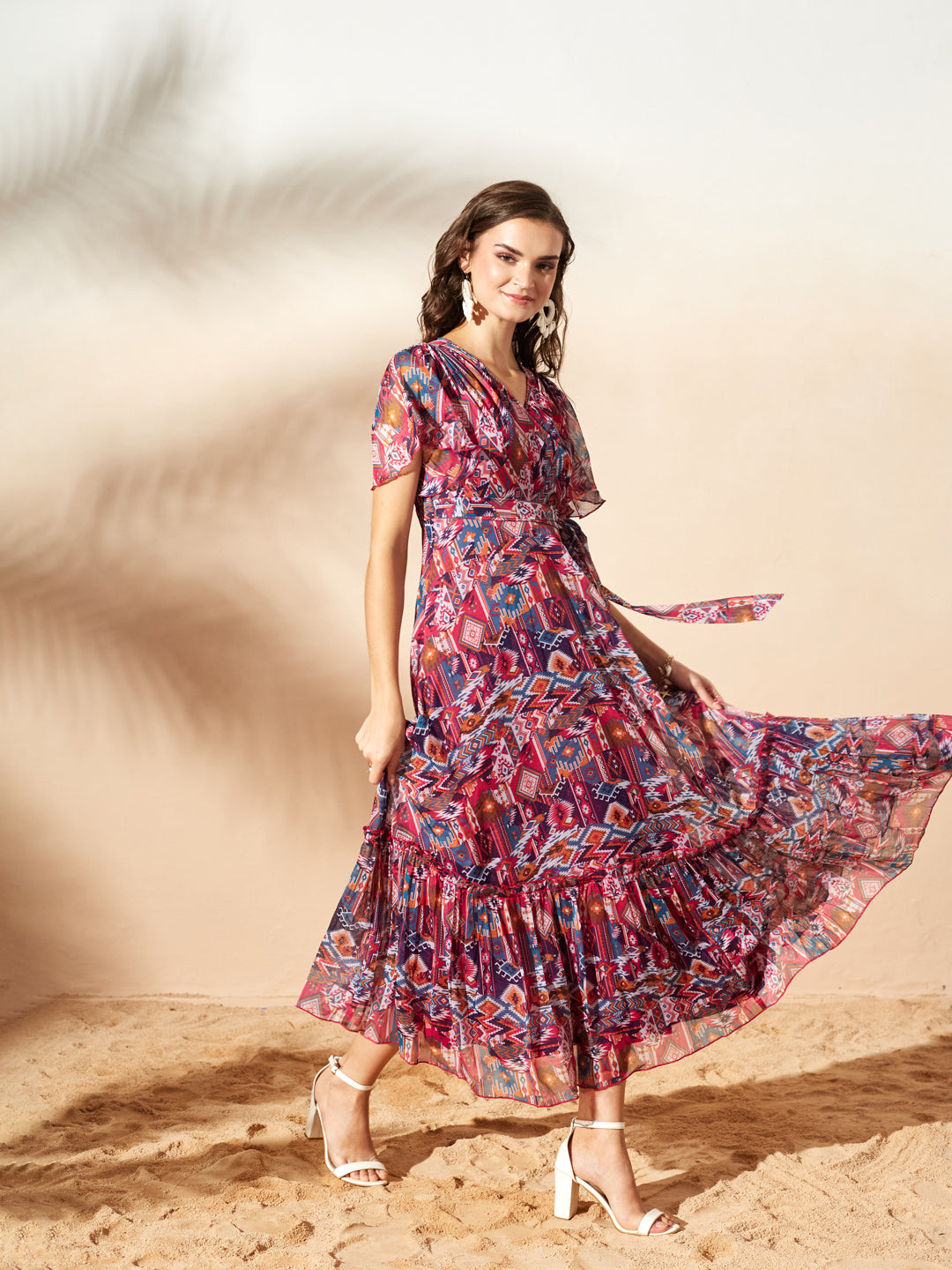 Dark Pink Floral Printed Flutter Sleeves Maxi Dress for Women