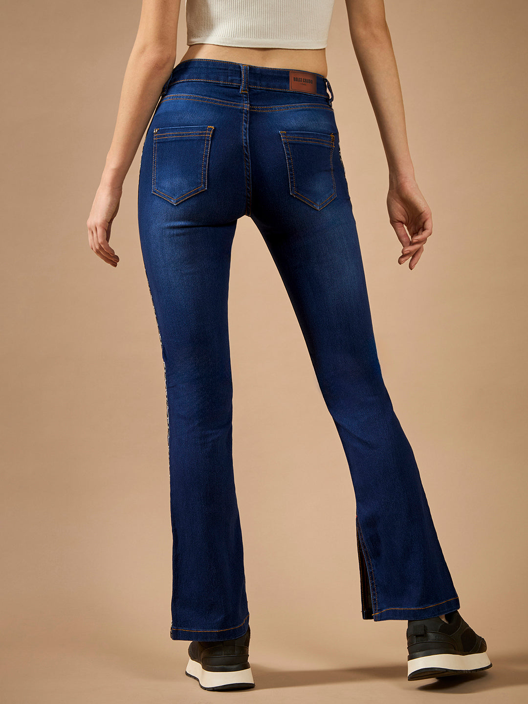 Women's Blue Cotton Bootcut Fit & Flared Mid Rise Stretchable Denim Jeans