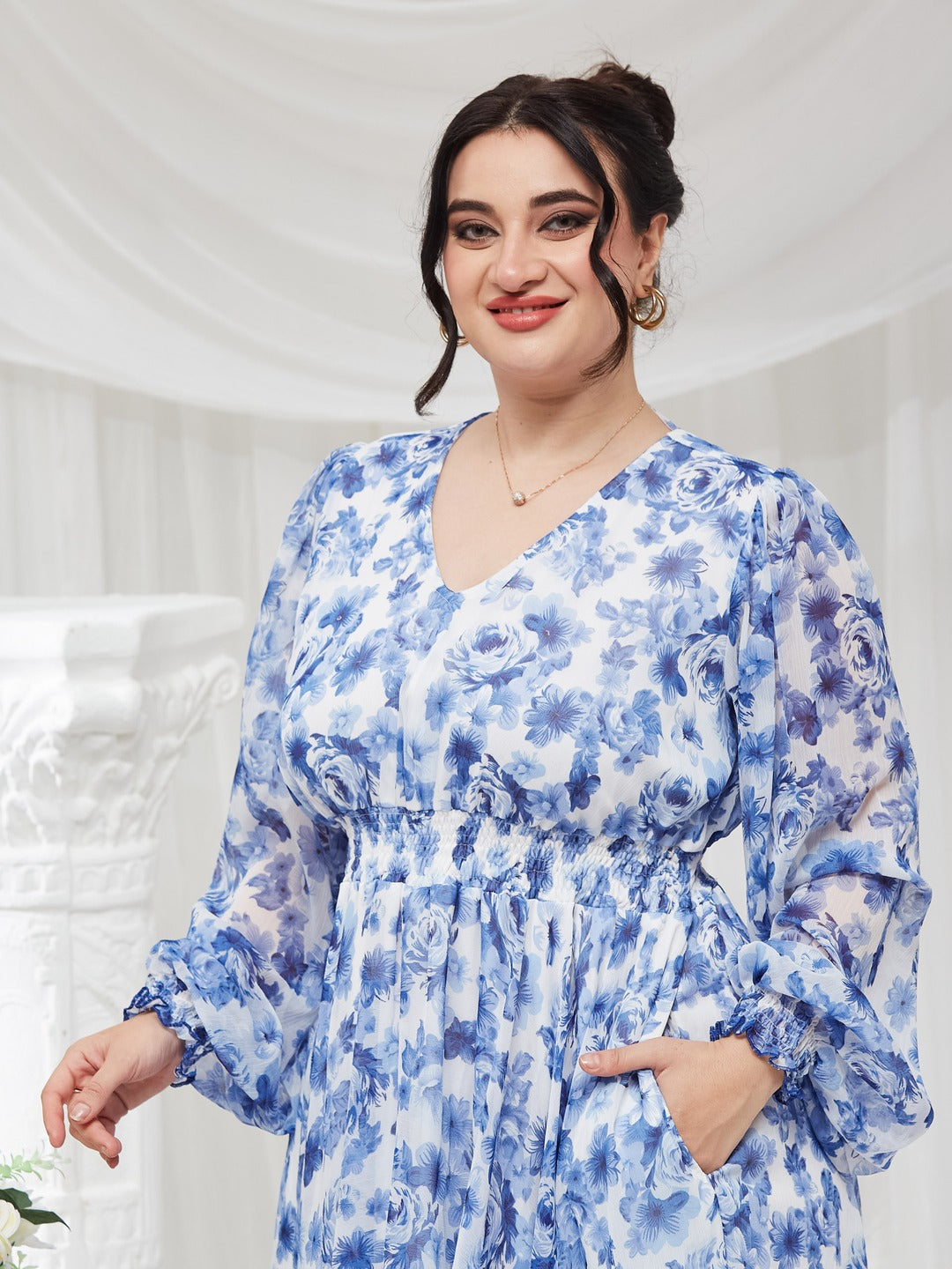 White V-Neck Full Sleeve Floral Gathered Chiffon Maxi Dress for Women — Miss Chase A+
