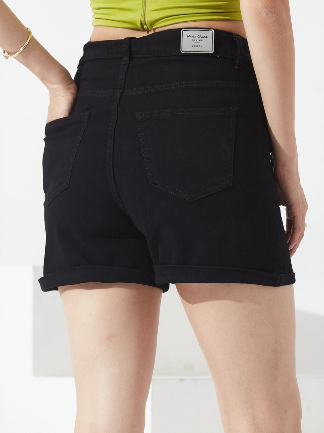 Black Flared high-rise Regular Stretchable Denim Shorts for Women