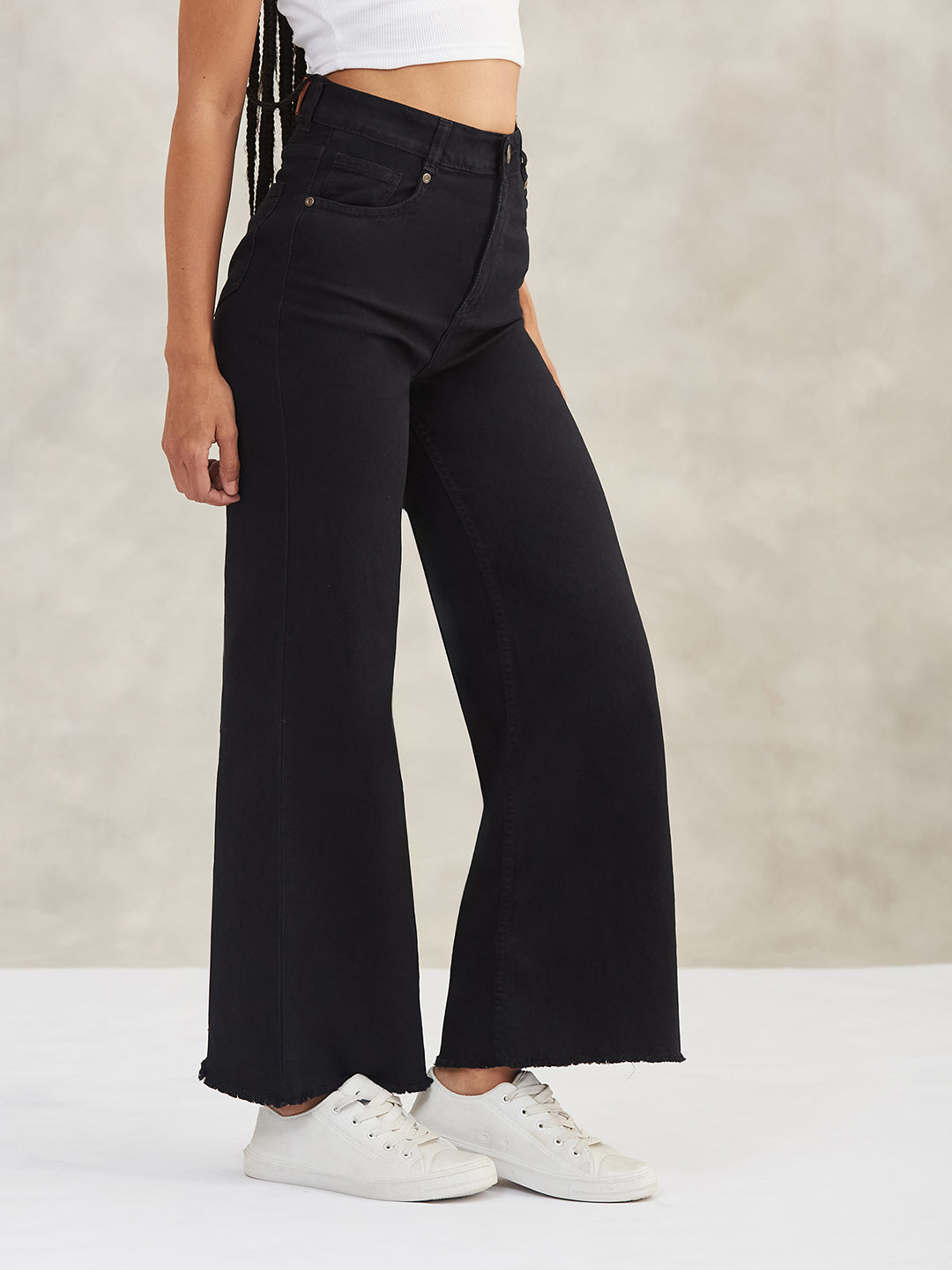 Women's Black High-Rise Stretchable Wide-Leg Denim Jeans