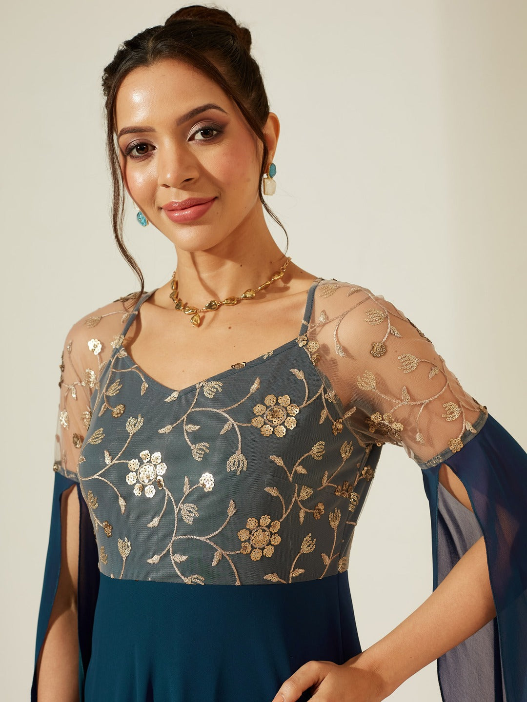 Teal V-Neck Full Sleeve Embroidered Fit & Flare Georgette Maxi Dress for Women