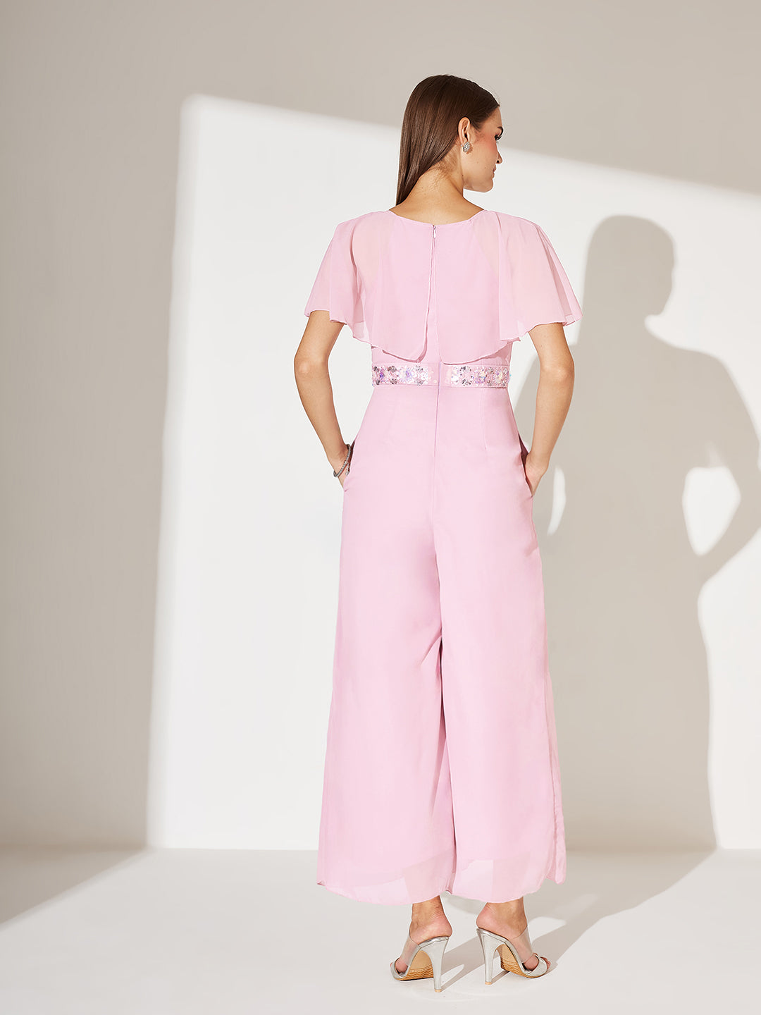 Women's Light Pink Georgette V-Neck Cape Solid Layered Regular Jumpsuit