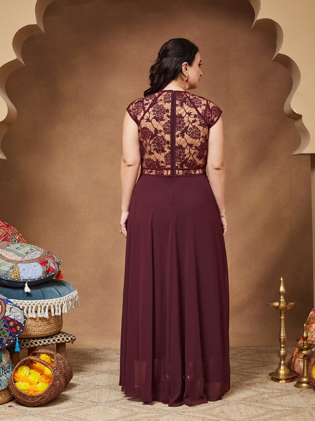 Wine & Beige Floral V - Neck Cap Short Sleeves Lace Overlaid Fit & Flare Paneled Maxi Dress for Women