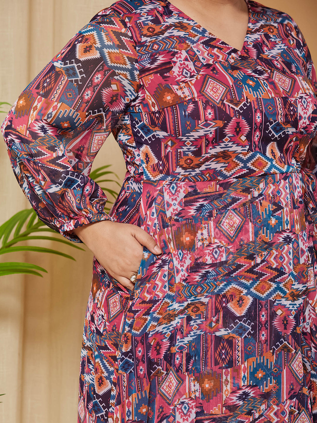 Multicolored V-Neck Three-Quarter-Sleeves Geometric Patterned Wrap Midi Chiffon Dress for Women