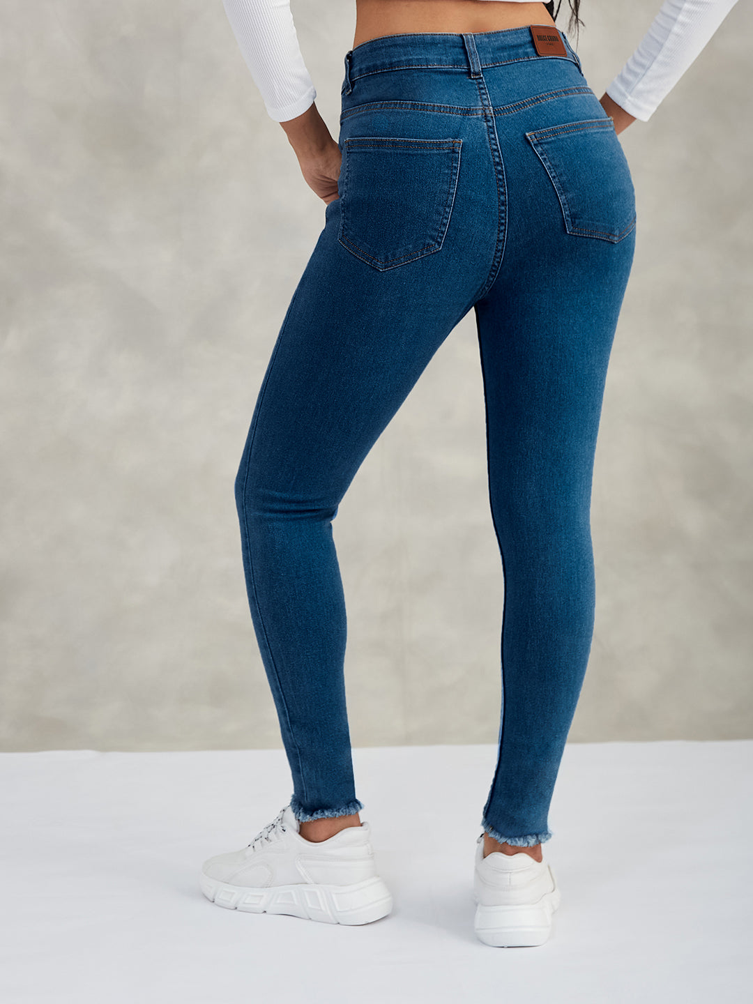 Women's Blue Skinny High-Rise Cropped-Length Fringe Detailing Stretchable Denim Jeans