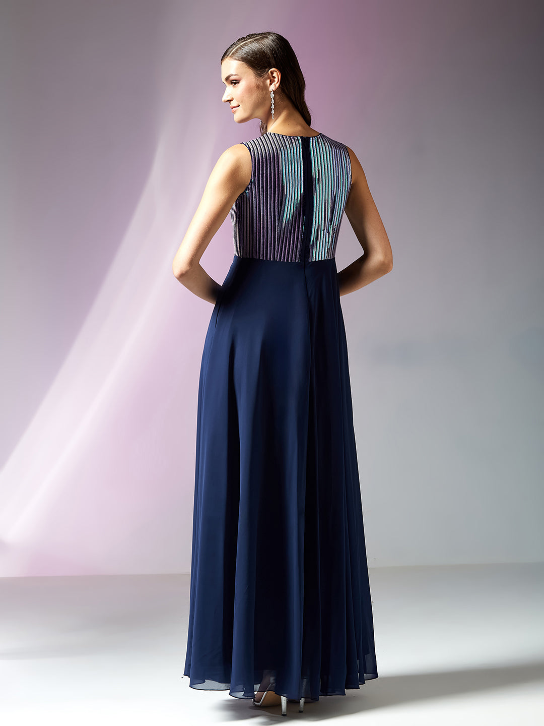 Navy Blue V-Neck Sleeveless Embellished Wrap Maxi Georgette Dress for Women