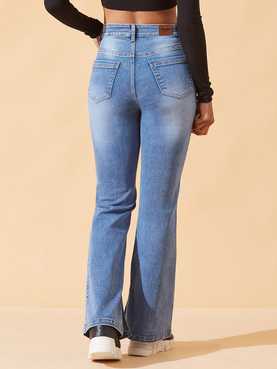 Blue Bootcut Mid-Rise Inseam Slit Heavy Wash Stretchable Denim Jeans For Women