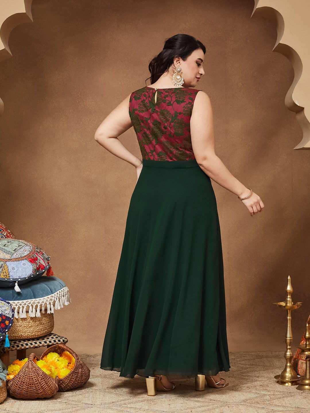 Dark Green Round Neck Sleeveless Georgette Floral Lace Fit & Flare Maxi Dress for Women — Miss Chase A+