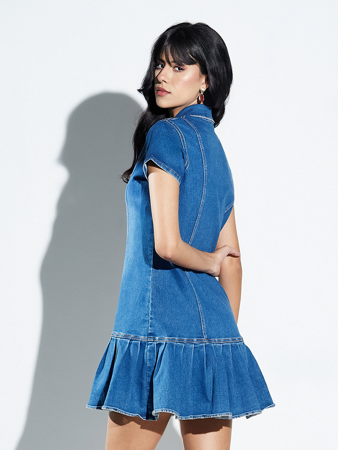 Mid Blue Collar Neck Short Sleeves Solid Pleated Zip-Up Mini Dress Mini Denim Dress For Women