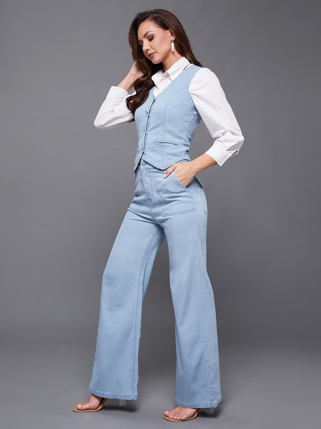 Women's Light Blue Wide-Leg High Rise Clean Look Regular-Length Stretchable Light-weight Denim Co-Ord Set