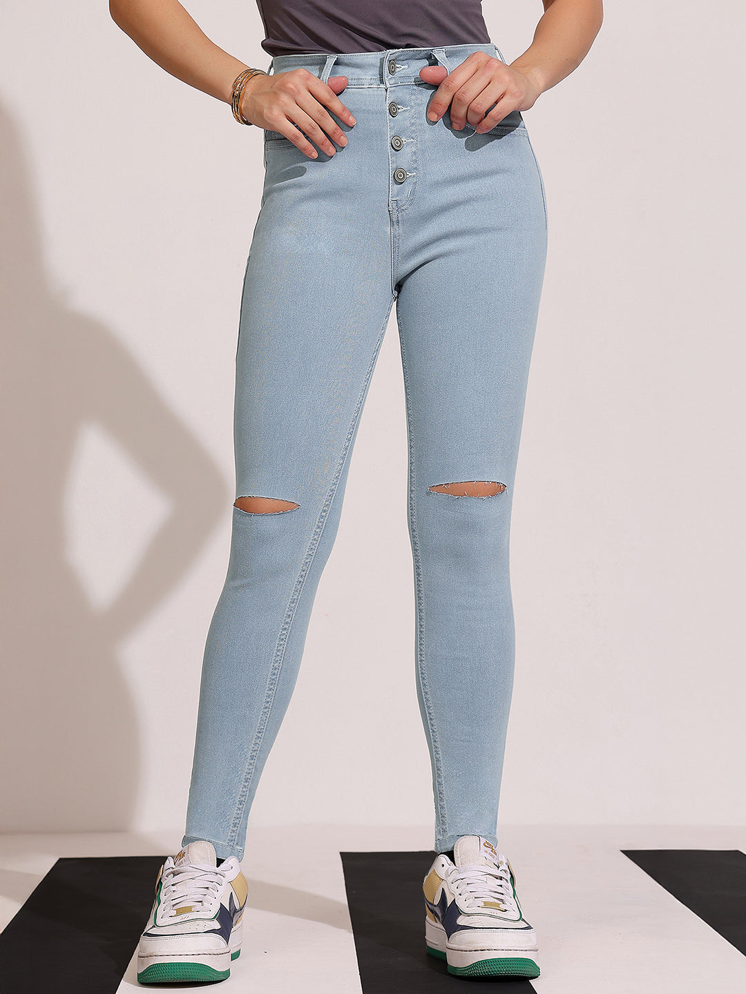 Women's Light Blue Skinny High-Rise Distressed Regular Denim Jeans