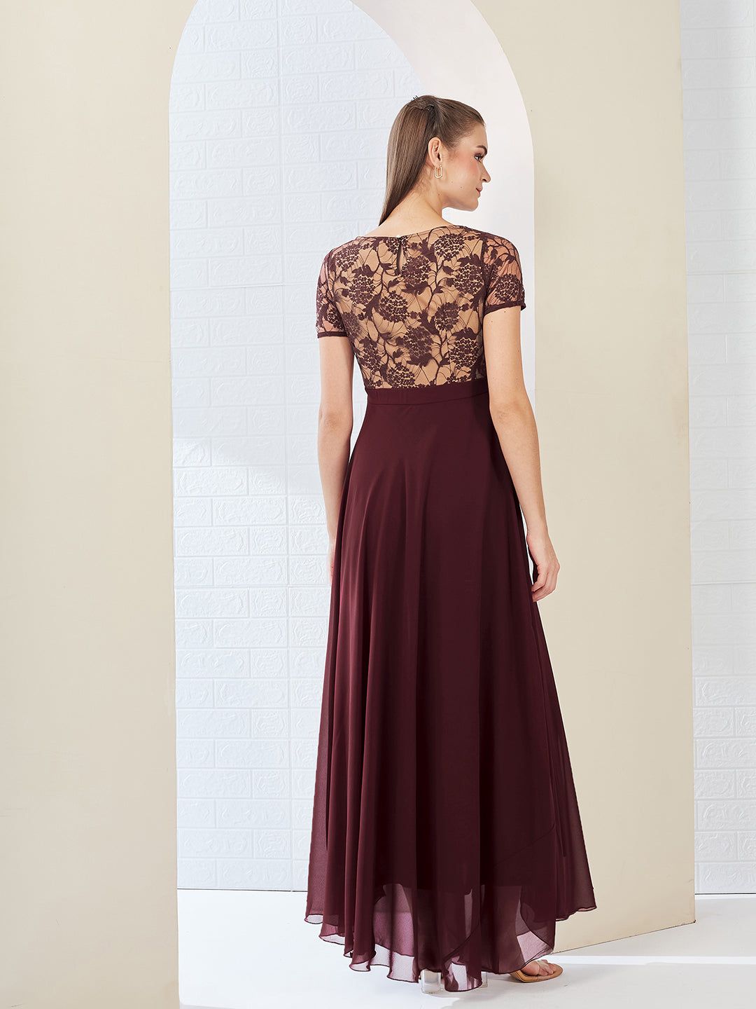 Wine & Beige Relaxed Fit Regular Georgette Dress for Women