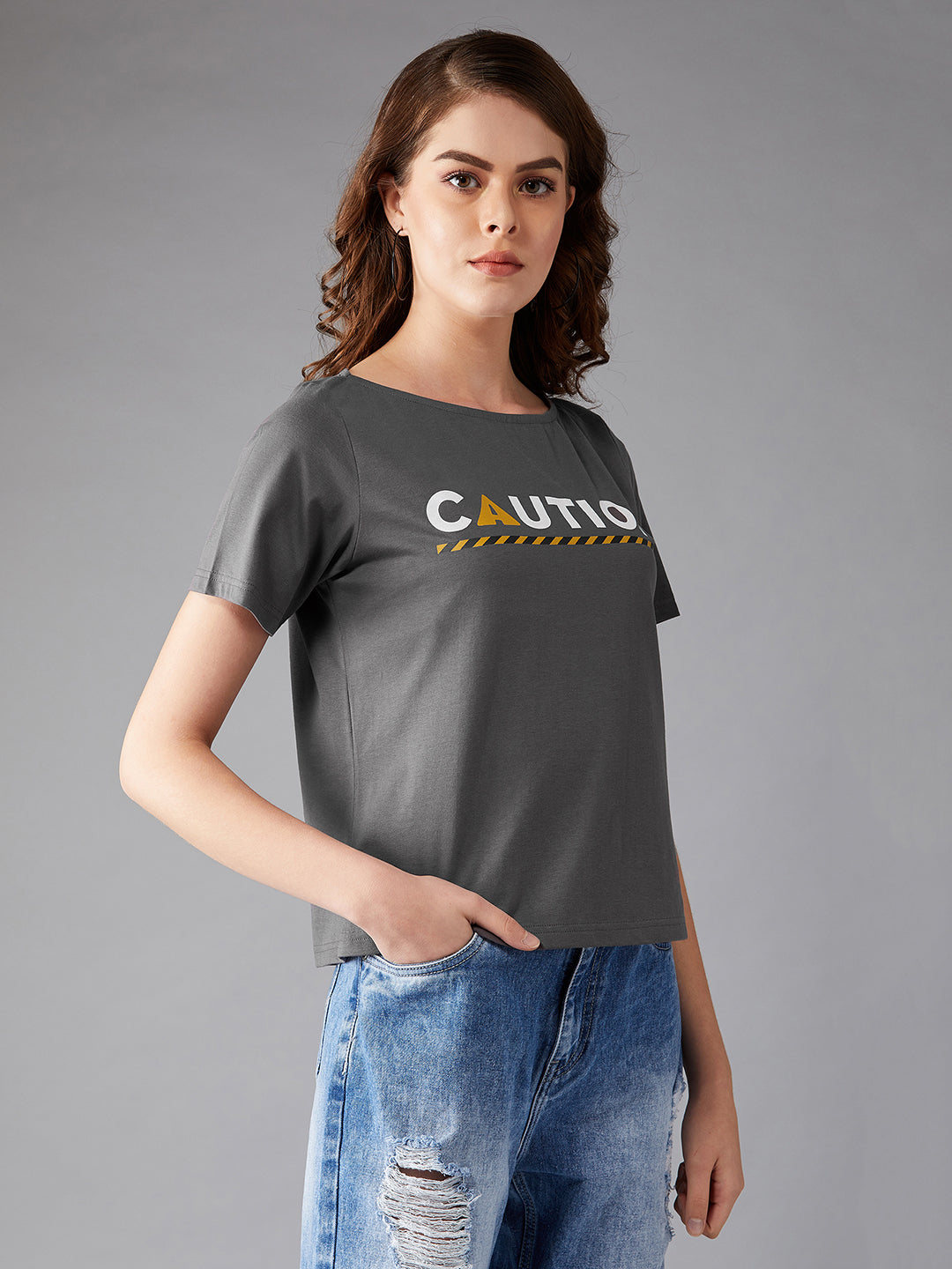 Women's Charcoal Grey Boat Neck Short Sleeve Printed Cropped T-Shirt