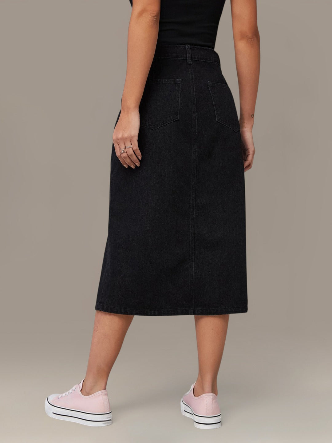 Black Straight-Fit High-Rise Stretchable Denim Midi Skirt for Women