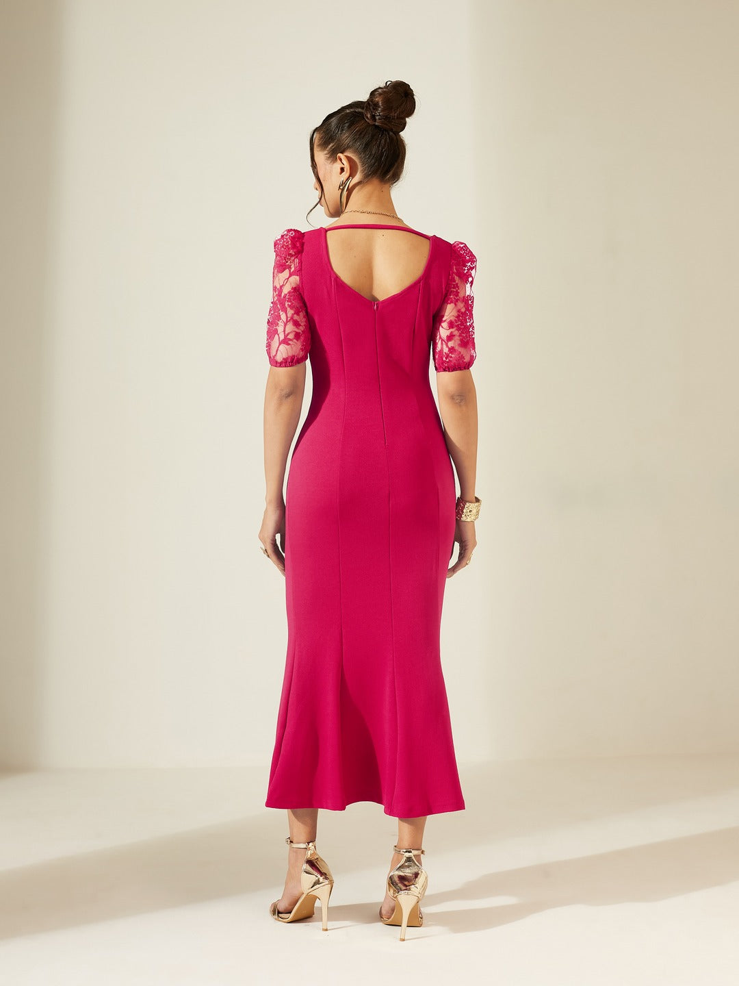 Dark Pink Square Puff Sleeve Solid Lace Overlaid Ankle Length Dress for Women
